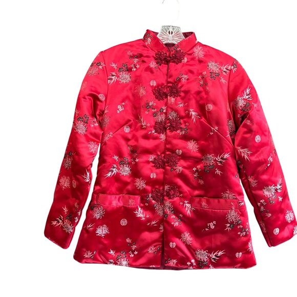 VTG Moon Rabbit Padded Cheongsam Quilted Jacquard Jacket 4 Red Floral Print - Picture 2 of 13